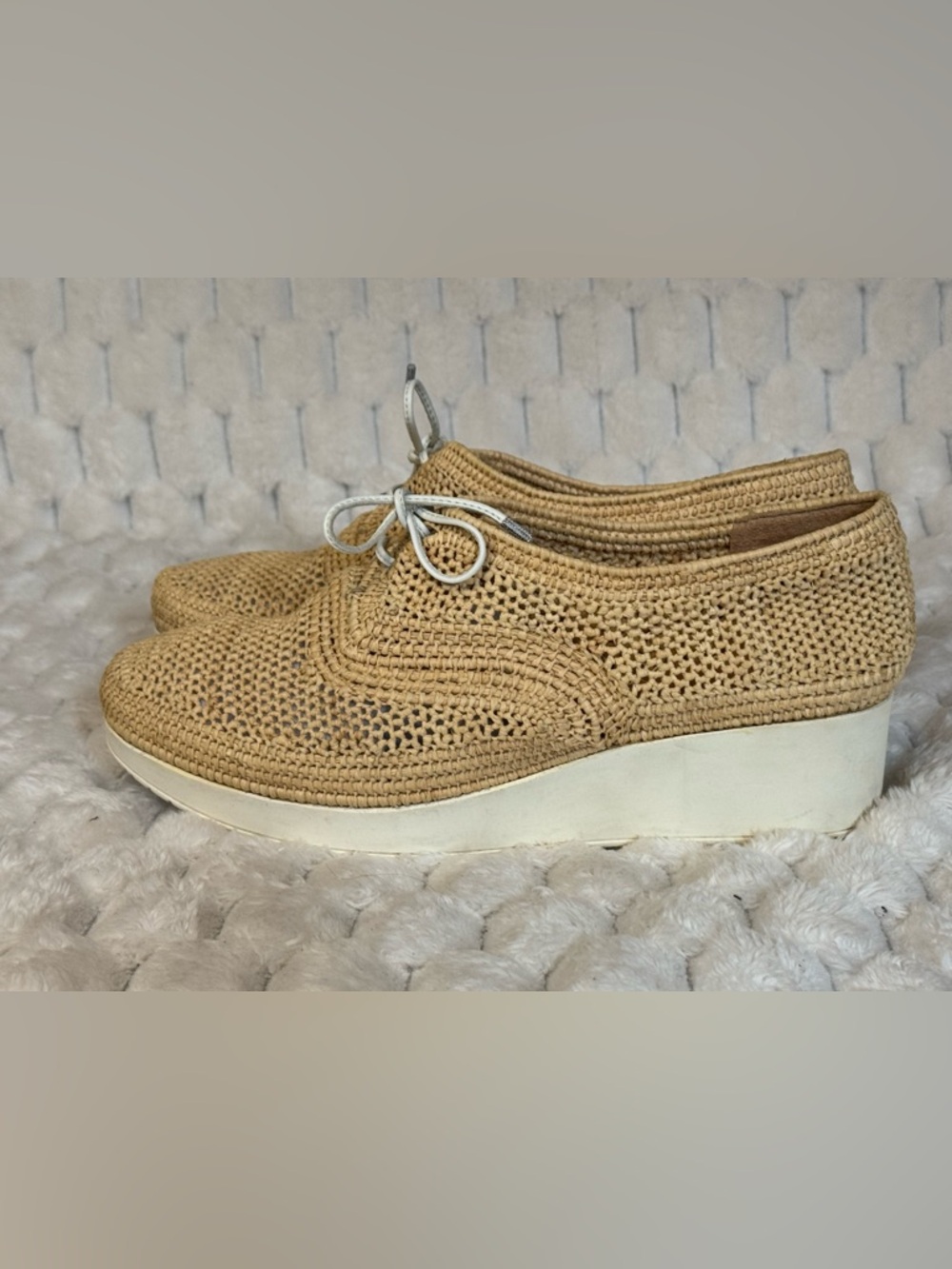 Robert Clergerie Beige Vicole Lisa Raffia Woven Wedge Platform Oxfords Size 8.5